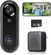 Wireless Video Doorbell Camera 1080P, 32GB SD/Free 12 Months Cloud Storage, No Subscription,Weatherproof IP66, Night Vision, 2-Way Audio, PIR Motion Detection, 2.4Ghz WiFi,Alert