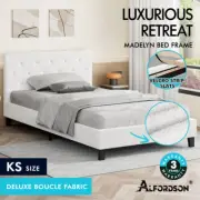 ALFORDSON Bed Frame King Single Wooden Base Platform White Boucle MADELYN