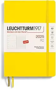 LEUCHTTURM1917 370752 Weekly Calendar & Notebook 2025, Medium A5 Softcover - 12-Month Planner, Lined - Lemon, English