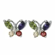 925 Solid Sterling Silver Small Multi-Color Butterfly Stud Earrings -...