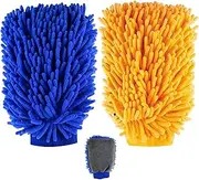 Vnezakl 2 Pcs Microfiber Car Wash Mitt Gloves Premium Soft Coral Velvet Chenille Cleaning Reusable High Density Absorbency for Car Motorcycle Bathroom Glass