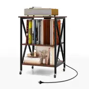 Giantex Record Player Stand Storage Rack w/Charging Station Bedside Table Brown