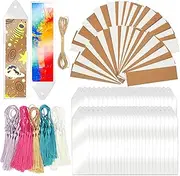 SWATOM Kraft Paper Blank Bookmarks Cardstock 50 PCS Bulk for DIY Classroom Projects Gifts Tags with Tassels PVC Tags (White & Brown)