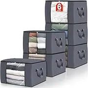 Fab Totes 6 Pack Clothes Storage, Foldable Thik Fabric Blanket Storage Bags, Storage Containers for Organizing Bedroom, Closet, Clothing, Comforter, Organization and Storage with Lids and Handle