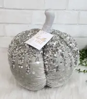 Gray Velvet Beaded Sequins Plush Pumpkin Pillow Fall Thanksgiving 11" NEW