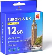 SimCorner Europe UK Travel SIM Card (12GB, 30 Days) - Prepaid SIM w/Data & Unlimited SMS & Calls to EU & UK Numbers - 3-in-1 Hotspot/Tethering Card: Standard, Micro, Nano SIM for Unlocked Phones