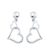 14k White Gold Round Diamond Heart Dangle Earrings 1/10 Cttw