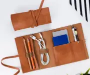 power data line Charger Digital accessory pocket bag cow Leather brown H940