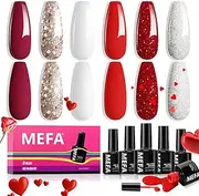 MEFA Red Gel Nail Polish Set 6 Colors, Red White Glitter Shades Sparkle Silver Champagne Love Times Tones Spring Nail Art Design Salon at Home Manicure DIY Kit Valentines Day Gifts for Women Girl