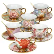 Tea Cups and Saucers Set of 6, 8 oz Ceramic Tea Cups Vintage Floral NIB