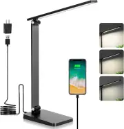 LED Desk Lamp 3 Levels Dimmable Desk Light, USB Port Small Study Lamp Table Ligh