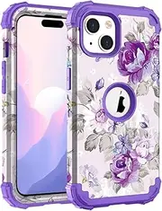 Hocase for iPhone 15 Case, Heavy Duty Shockproof Protection Soft Silicone Rubber Bumper+Hard Plastic Hybrid Protective Case for iPhone 15 (6.1" Display) 2023 - Lavender Flowers