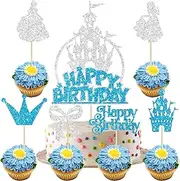 Gyufise 25Pcs Castle Cake Topper Frozen Happy Birthday Snowflake Cupcake Toppers Winter Wonderland Cake Decorations for Princess Happy Birthday Baby Shower New Year Party Supplies Blue Silver