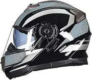 Modular Full Face Motorcycle Helmet Flip Up Front Helmet ECE Approved Modular Motorbike Crash Helmet with Double Visor Motocross Racing Helmet for Men Women E,M=55~57cm