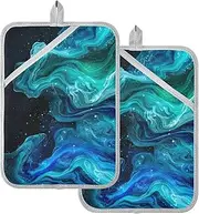 Large Pot Holders Heat Resistant Blue-Green Flame Potholders for Kitchens with Pocket Hot Pads Oven Mitts 2 Pack