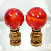 PAIR Brass Lamp Finials 1" Glass Ball Marbles Dark Red-Orange Fire Lava lot#1906