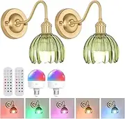 Shenmoyl Vintage Battery Operated Wall Sconce Set of 2, 5000mAh Rechargeable Wall Light, Indoor Battery Powered Wall Lamp for Bedside Bedroom Living Room, Tulip Green