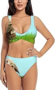 [EdWal] Bunny on Green Grass Print Bikini Set for Women Halter Strapless Ruched Color Block Trim Swimsuit 2 Piece for Women