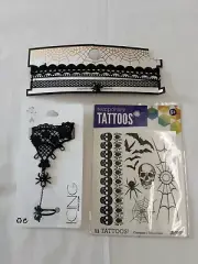 Icing Black Lace Cuff Bracelet W/Spider Ring & Set Of 3 Black Chokers & Tattoos