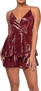 [Generic] Women Culottes Dance Dress - Backless Slip Dress Leotard Dancewear - Sparkly Feather Fringe Dress - Sequin Spaghetti Strap Dresses - Party Cocktail Evening Mini Dress - Deep V-Neck Club Dress