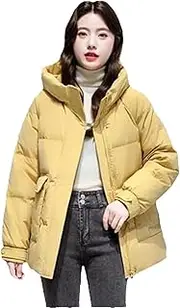 [Mkjuuior] Women's Down Jacket Short Hooded White Duck Down Jacket Winter Large Pocket Loose Thickened Warm Jacket