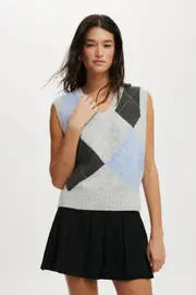 [Cotton On Women] Cotton On Women - Luxe V-Neck Knit Vest - Argyle multi M ARGYLE MULTI