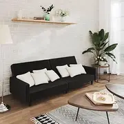 2-Seater Black Velvet Sofa Bed, Folding Convertible Lounge Couch for Small Rooms, Comfy Futon Sleeper Furniture
