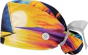 [YTYVAGT] 2-Pc,Gourd-Shaped Working Cap,Fisherman Hat with Buttons and Cotton Sweatband,Art Sailboat Painting Pattern