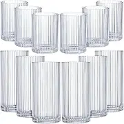 Zhehao 12 Pcs Ribbed Drinking Glasses Set 9 oz 12 oz Glass Cups Vintage Glassware Ribbed Cocktail Cup Clear Ice Coffee Highball Ripple Drinkware for Home Bar Beverages