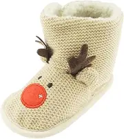 [Glamour Girlz] Baby Girls Boys Brown Knit Christmas Red Nosed Reindeer Boots Booties