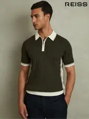Reiss Khaki Green/Off White/Camel Pulse Cotton Blend Cable Knit Half-Zip Polo Shirt (B26311) | $220