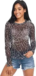 [AIXIWAWA] Webs Black Women's Long Sleeve Mesh Sheer Top, Sexy See-Through Blouse for Party, Evening Wear S