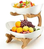 2 Tier Fruit Bowl, With Bamboo Wood Stand, Fruit Basket, Fruit Holder for Kitchen Countertop for Kitchen Counter, for Vegetable Storage, Snack Dessert Cake Tray Plate Rack for Party Wedding (White)