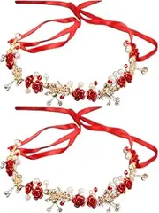 2pcs Red Flower Crown Headband Rhinestone Pearl tiara Red Rose Bridal Crown Crystal Red Headband Wedding Headpiece Hair Accessories for Women