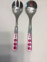 Vintage Acrylic And Stainless Steel Salad Serving Set Clear And Pink Dots