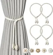 Pretty Jolly 4 Pack Cute Hand-Woven Flower Curtain Tiebacks Boho Farmhouse Style Home Decor Drape Tie Backs Adjustable Natural Cotton Rope Curtain Holdbacks for Home Office Window Draperies (Drop)