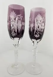 Ajka Crystal MARSALA COBALT 9” Champagne Flutes / Glasses Cut To Clear Set Of 2