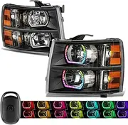 DNA MOTORING Pair of Headlights Compatible with 2007-2013 Chevy Silverado 1500, 2500 3500 & HD, Start Up Sequence RGB LED DRL, Black/Amber, HL-RGB-CSIL07-BK-AM
