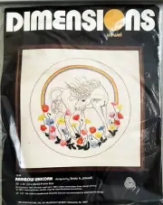 1982 DIMENSIONS #1234 Linda Powell RAINBOW UNICORN Crewel Needlepoint Kit- NBO