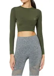 Superdry Womens Long Sleeve Workout Gym Crop LS T-Shirt Top Army Khaki, Size 14