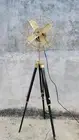 Floor Fan Brass Antique with Black Wooden Tripod Adjustable Height Home Decor