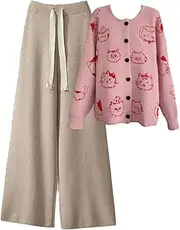 [Generic] Women Knitwears Tracksuit Korean Casual Sweet Oversized Knitted Cardigans+Drawstring Wide Leg Pants Sets