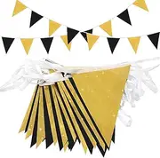 Topeedy 20M Black and Gold Bunting Banner Party Decoration,52pcs Reusable Black Pennant for Birthday Weeding Party Baby Shower Home or Garden Triangle Flags