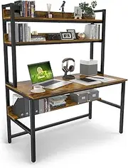 Aquzee Computer Desk with Hutch and Bookshelf, 120cm Wide White Home Office Desk with 3 Tier Storage Shelves, for Study Writing Work, Easy Assemble, Brown
