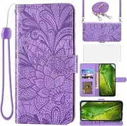 [Asuwish] Mobile Phone Case for Google Pixel 8a Case with Glass Film Screen Protector and Card Slot Foldable Leather Wallet Stand Pixel8a 5G a8 Mobile Phone Cases Protective Glass Phone Case Purple
