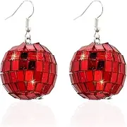 IPNSDON 1 Pair Red Mirror Ball Earrings, Disco Ball Earrings, 60s or 70s Ball Earrings, Costume Accessories for Anniversary Party Decorations