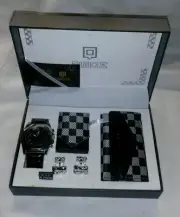 ☆ NEW QBOS MENS WATCH,KEY POUCH,MONEY CLIP & CUFF LINKS RACE FLAG CHECKER THEME