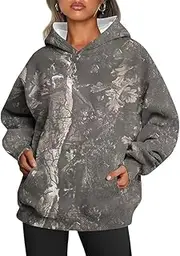 [DSAoTeng] Women's Camo Hoodie Maple Leaf Print Oversized Hooded-Casual Drop Shoulder Sweatshirt Fleece Long Sleeve Pullover with Pockets