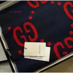 二手現貨 GUCCI GG JACQUARD WOOL SILK SCARF 雙面羊毛 紅色 藍色 厚質 圍巾