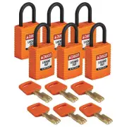 Brady Cpt-Org-25Pl-Ka6pk Lockout Padlock,Nylon,1/4" W,Org,Pk6